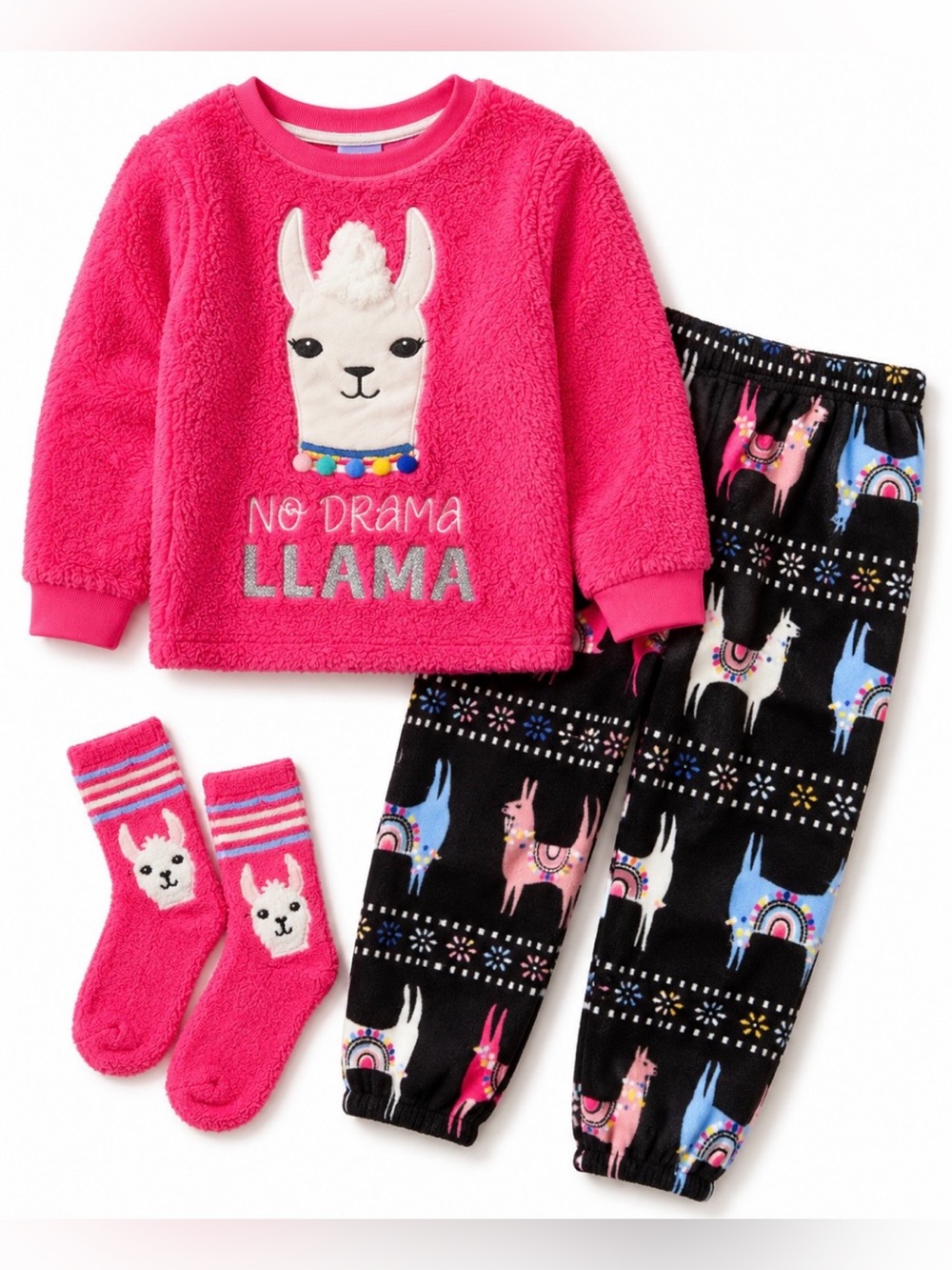 Kids NO DRAMA LLAMA PJ Set Long Sleeve Top, Velour PJ Bottom & Fuzzy Socks